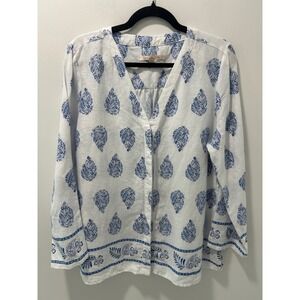 Noni B Womens 100% Linen Blue Paisley Floral Print V-Neck Button Front Blouse 14